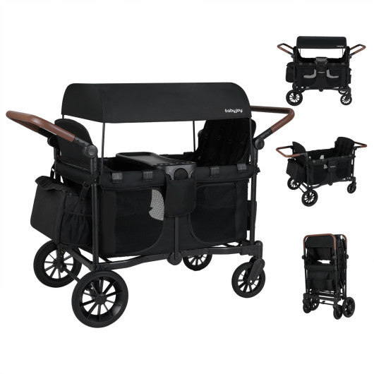 Wagon Stroller for 4 Kids Foldable 4-Seater Push-Pull Toddler Stroller-Black