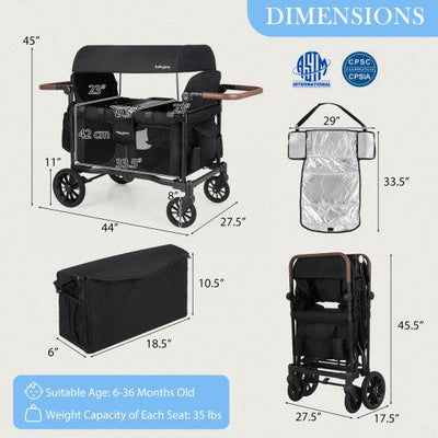 Wagon Stroller for 4 Kids Foldable 4-Seater Push-Pull Toddler Stroller-Black