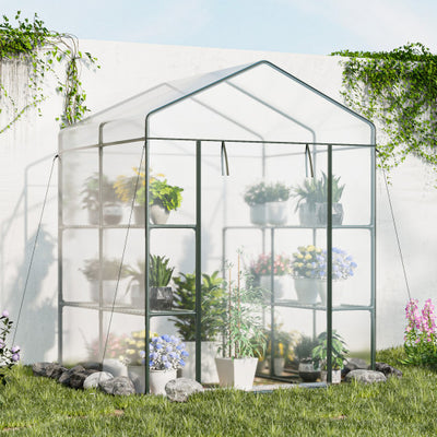 Walk-in Greenhouse with 3 Tiers 8 Shelves PVC Cover Roll-up Zippered Door-Transparent