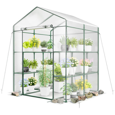 Walk-in Greenhouse with 3 Tiers 8 Shelves PVC Cover Roll-up Zippered Door-Transparent