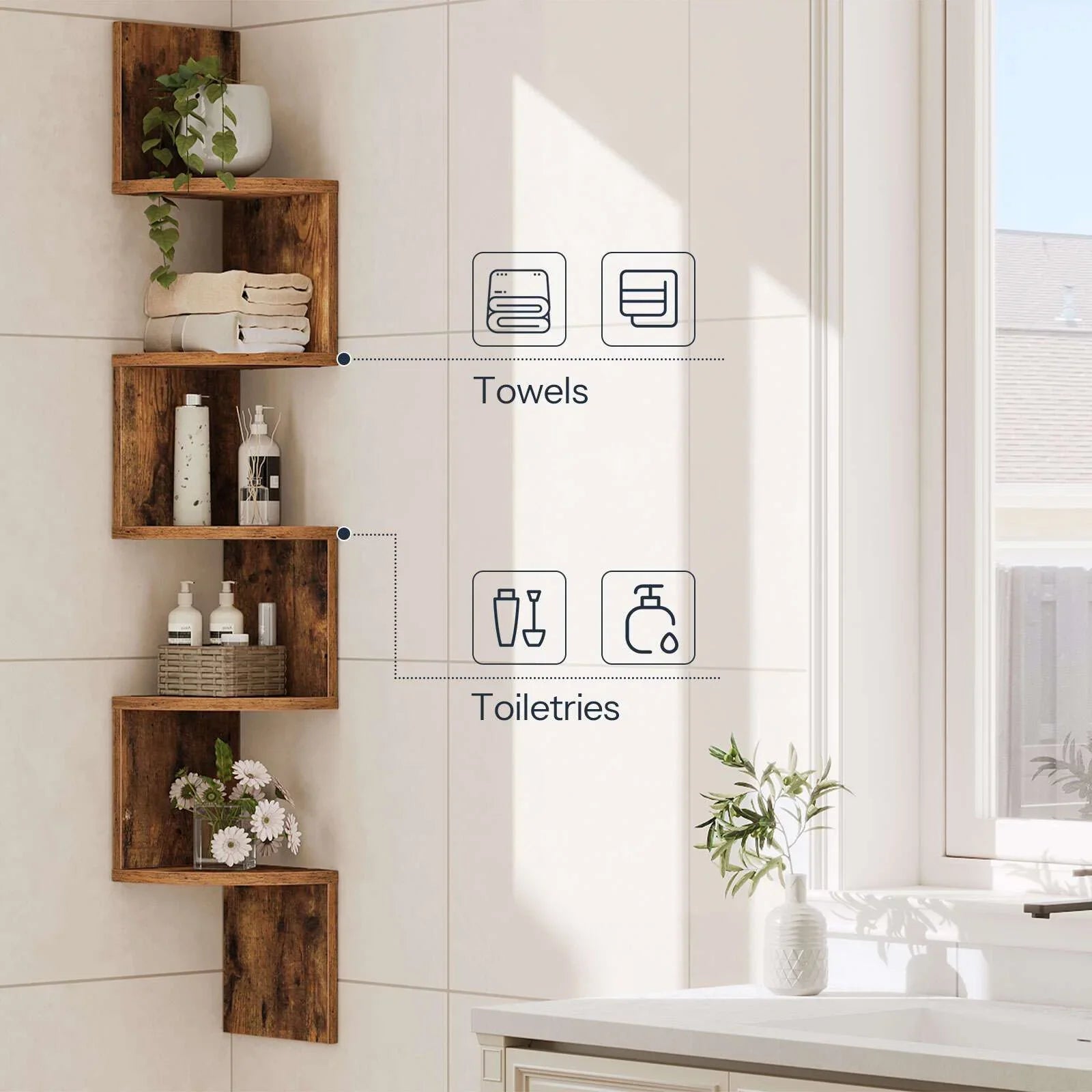 Wall Shelves - 5-Tier Brown Corner
