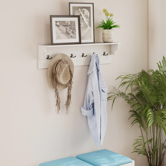 Wall Hooks with Shelf 31.5inch Wooden Coat Rack with 6 Hooks for Hats Towels Purses Robes-White