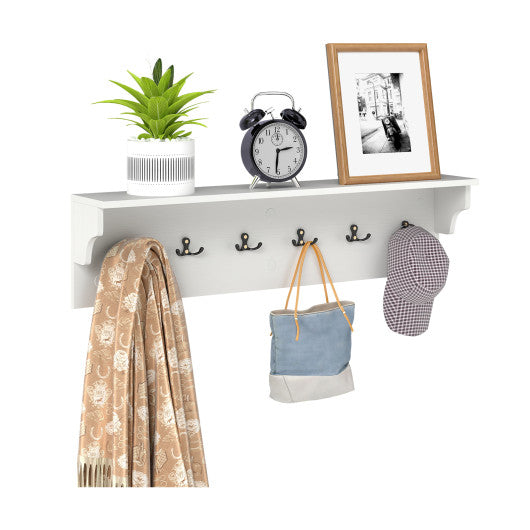 Wall Hooks with Shelf 31.5inch Wooden Coat Rack with 6 Hooks for Hats Towels Purses Robes-White