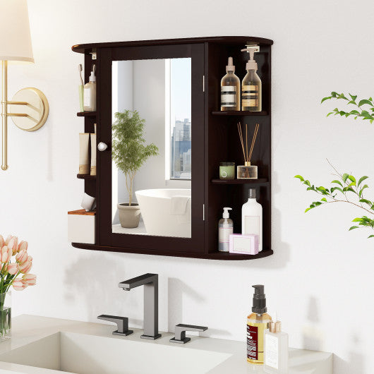 Wall-Mounted Bathroom Mirror Cabinet with Storage Shelves-Brown