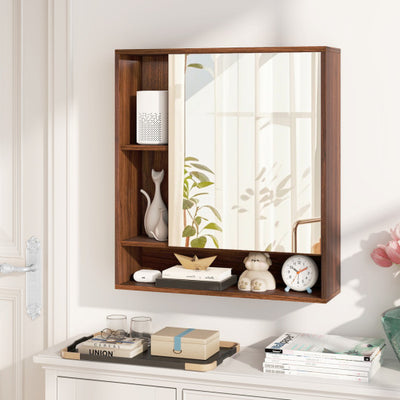 Wall Mounted  Bathroom Cabinet with Mirror Single Door-Walnut
