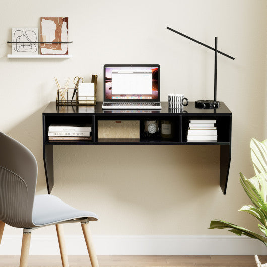 Wall-Mounted Computer Desk Floating Laptop Desk with 3 Storage Compartments-Black