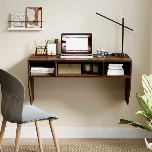 Wall-Mounted Computer Desk Floating Laptop Desk with 3 Storage Compartments-Rustic Brown