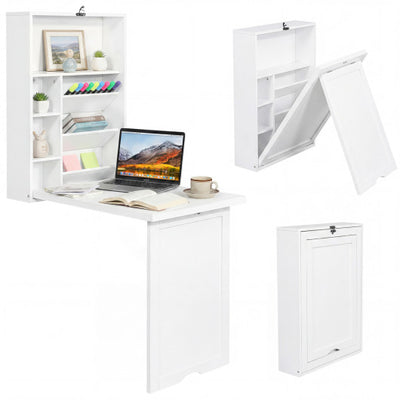 Wall Mounted Fold-Out Convertible Floating Desk Space Saver-White
