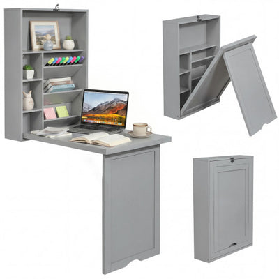 Wall-Mounted Fold-Out Convertible Floating Desk Space Saver-Gray
