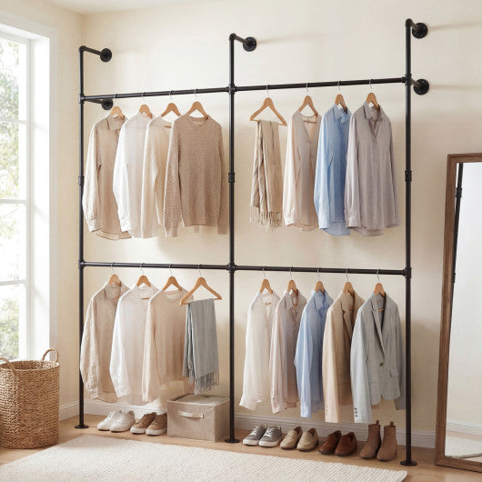 Wall Mounted Pipe Clothing Rack with 4 Hanging Rods-Black