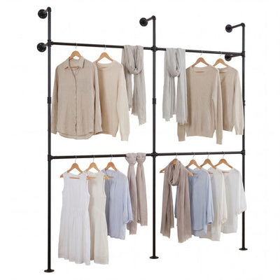 Wall Mounted Pipe Clothing Rack with 4 Hanging Rods-Black
