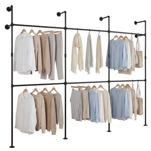 Wall Mounted Pipe Clothing Rack with 6 Hanging Rods-Black
