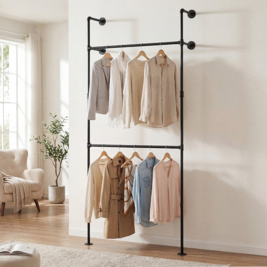 Wall Mounted Pipe Clothing Rack with 2 Hanging Rods-Black