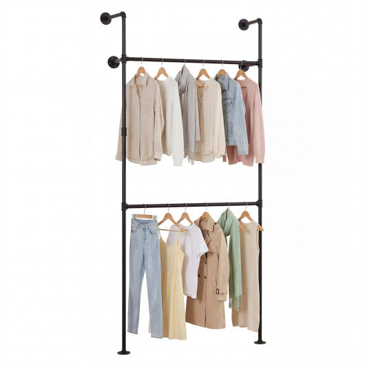 Wall Mounted Pipe Clothing Rack with 2 Hanging Rods-Black