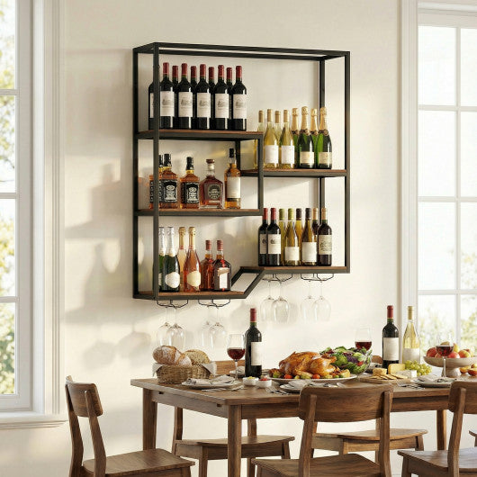 Wall Mounted Wine Rack 6-Tier Hanging Bar Shelf with Bottle Display Shelf and Glass Holder-Rustic Brown