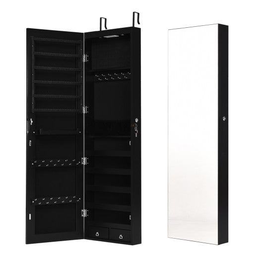 Wall and Door Mounted Mirrored Jewelry Cabinet with Lights-Black