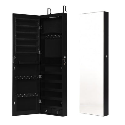 Wall and Door Mounted Mirrored Jewelry Cabinet with Lights-Black