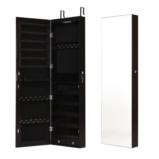 Wall and Door Mounted Mirrored Jewelry Cabinet with Lights-Brown
