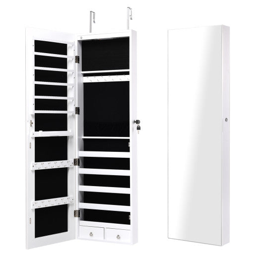 Wall and Door Mounted Mirrored Jewelry Cabinet with Lights-White