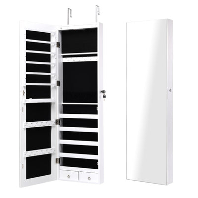 Wall and Door Mounted Mirrored Jewelry Cabinet with Lights-White