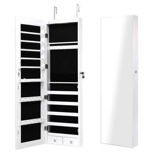 Wall and Door Mounted Mirrored Jewelry Cabinet with Lights-White