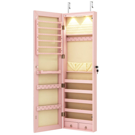 Wall and Door Mounted Mirrored Jewelry Cabinet with Lights-Pink