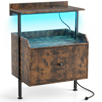 Wall-mounted Nightstand with LED Lights and Charging Station for Bedroom-Rustic Brown