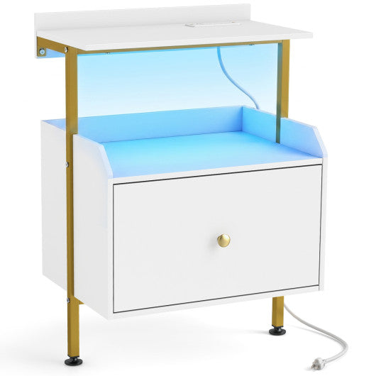 Wall-mounted Nightstand with LED Lights and Charging Station for Bedroom-White