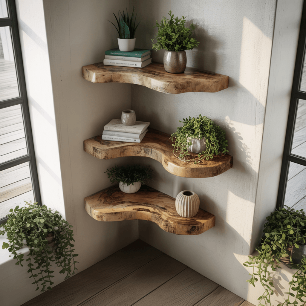 Waveline Live Edge Solid Wood Corner Floating Shelf