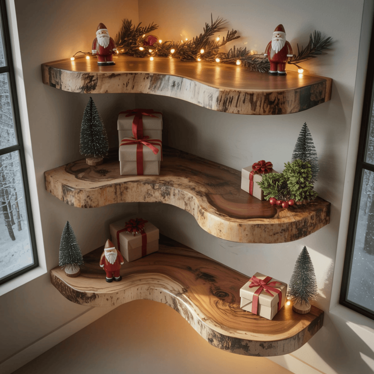 Waveline Live Edge Solid Wood Corner Floating Shelf