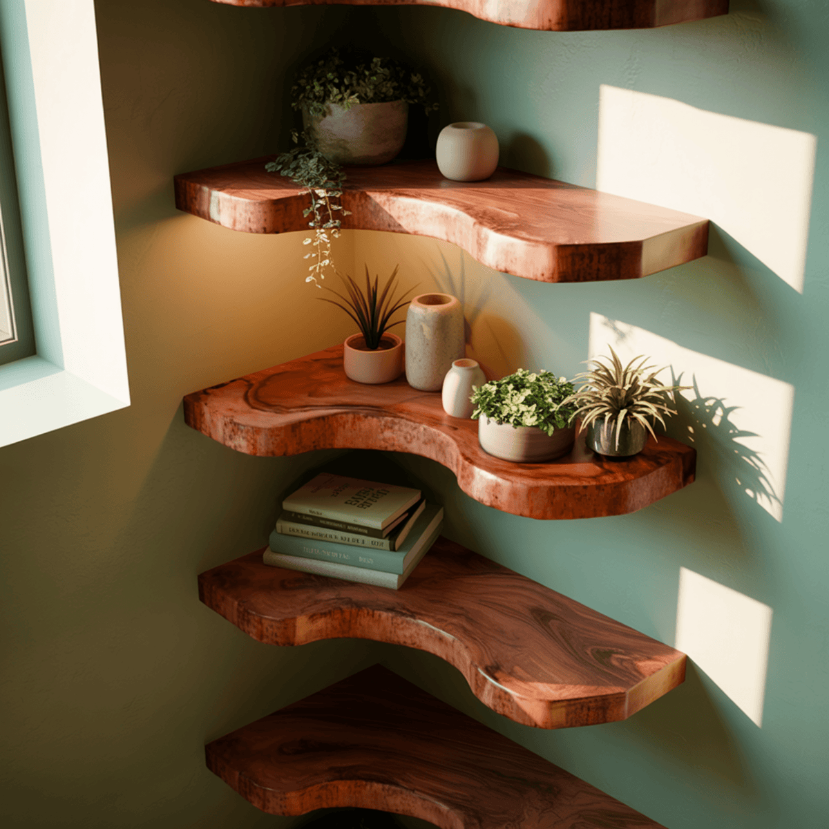Waveline Live Edge Solid Wood Corner Floating Shelf