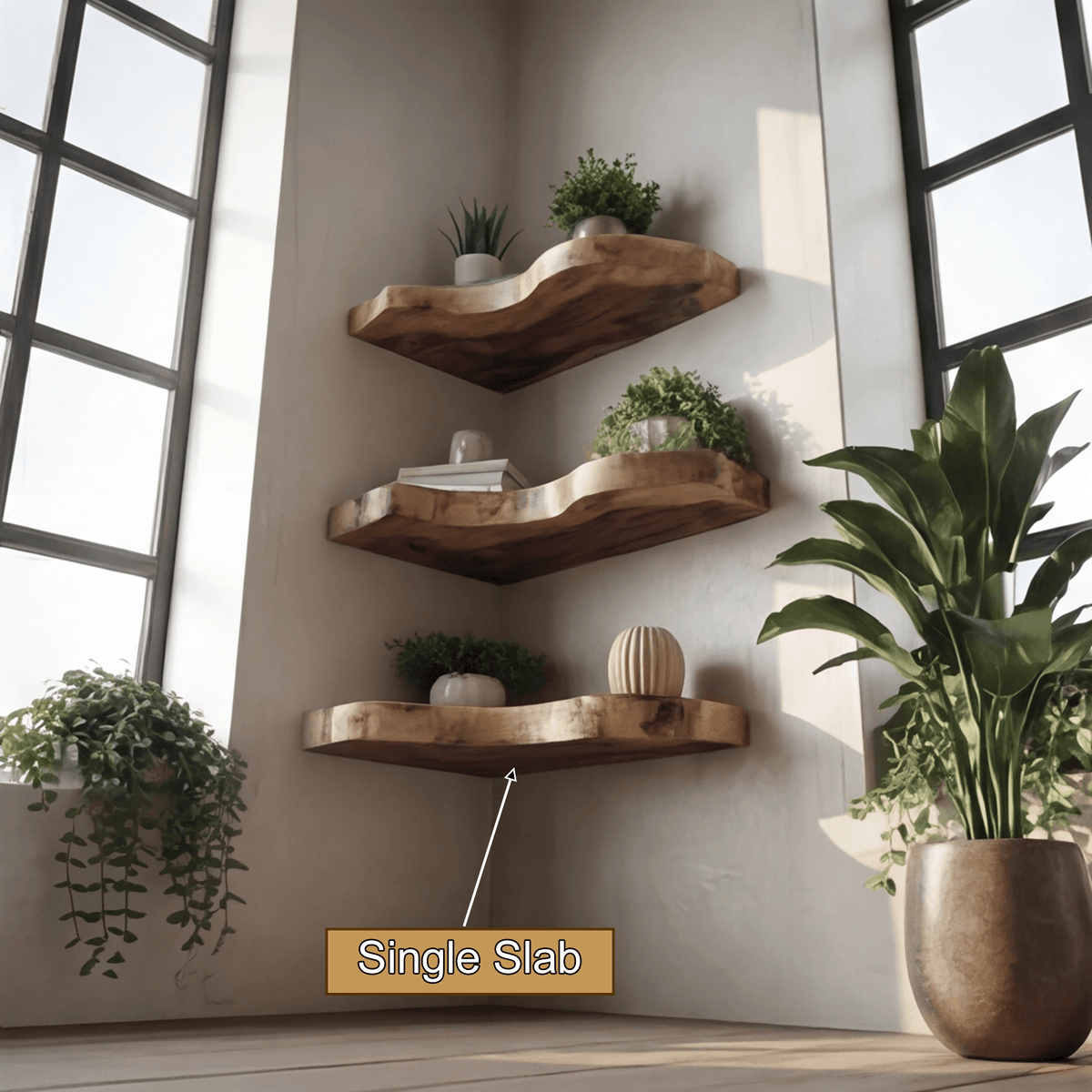 Waveline Live Edge Solid Wood Corner Floating Shelf