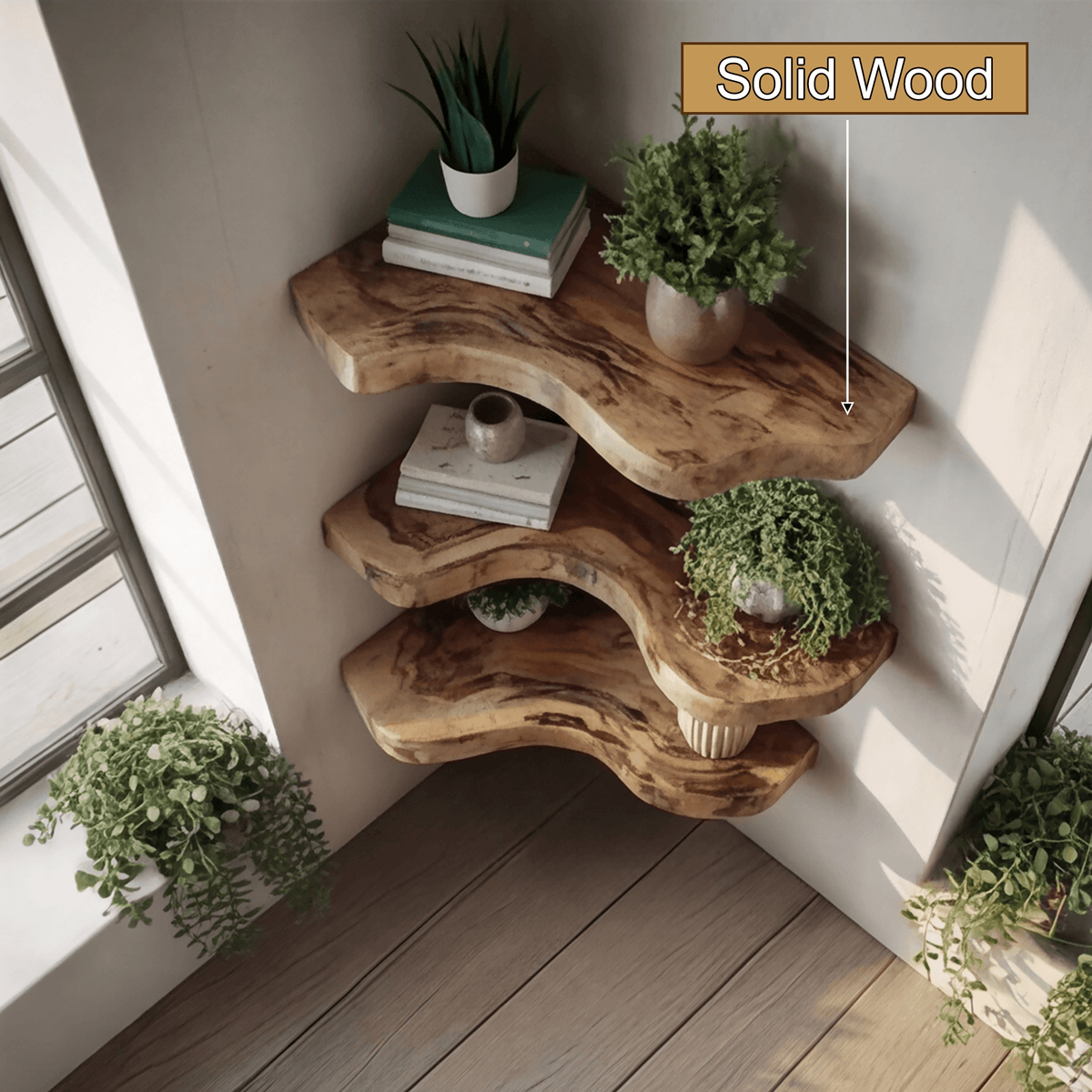 Waveline Live Edge Solid Wood Corner Floating Shelf