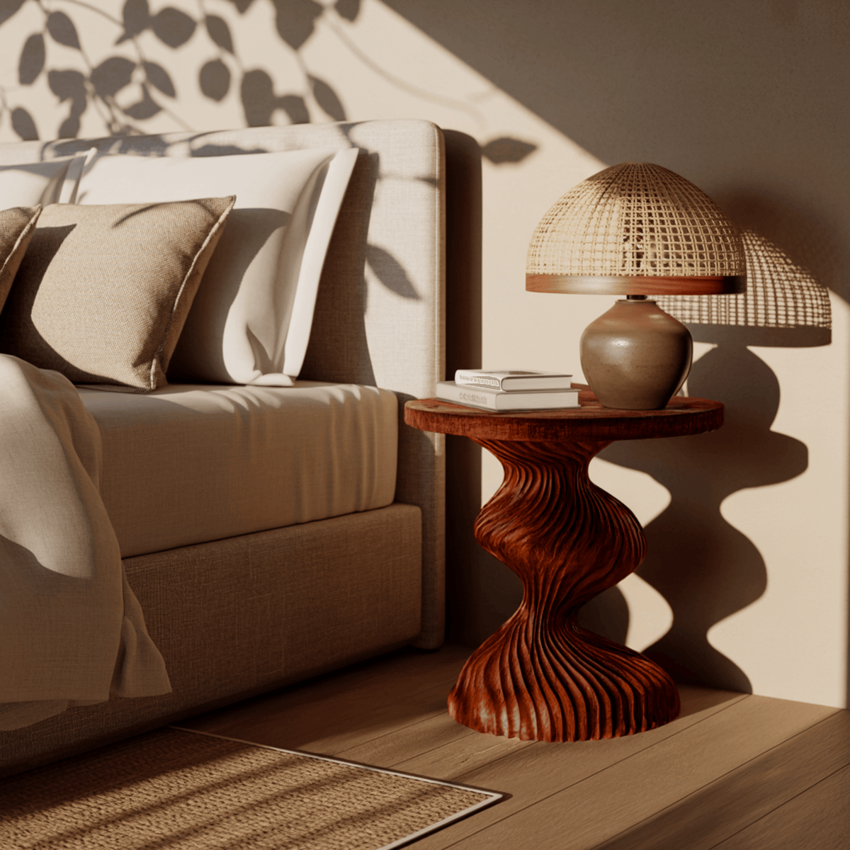 Waveline Sculpted Solid Wood Bedside Table