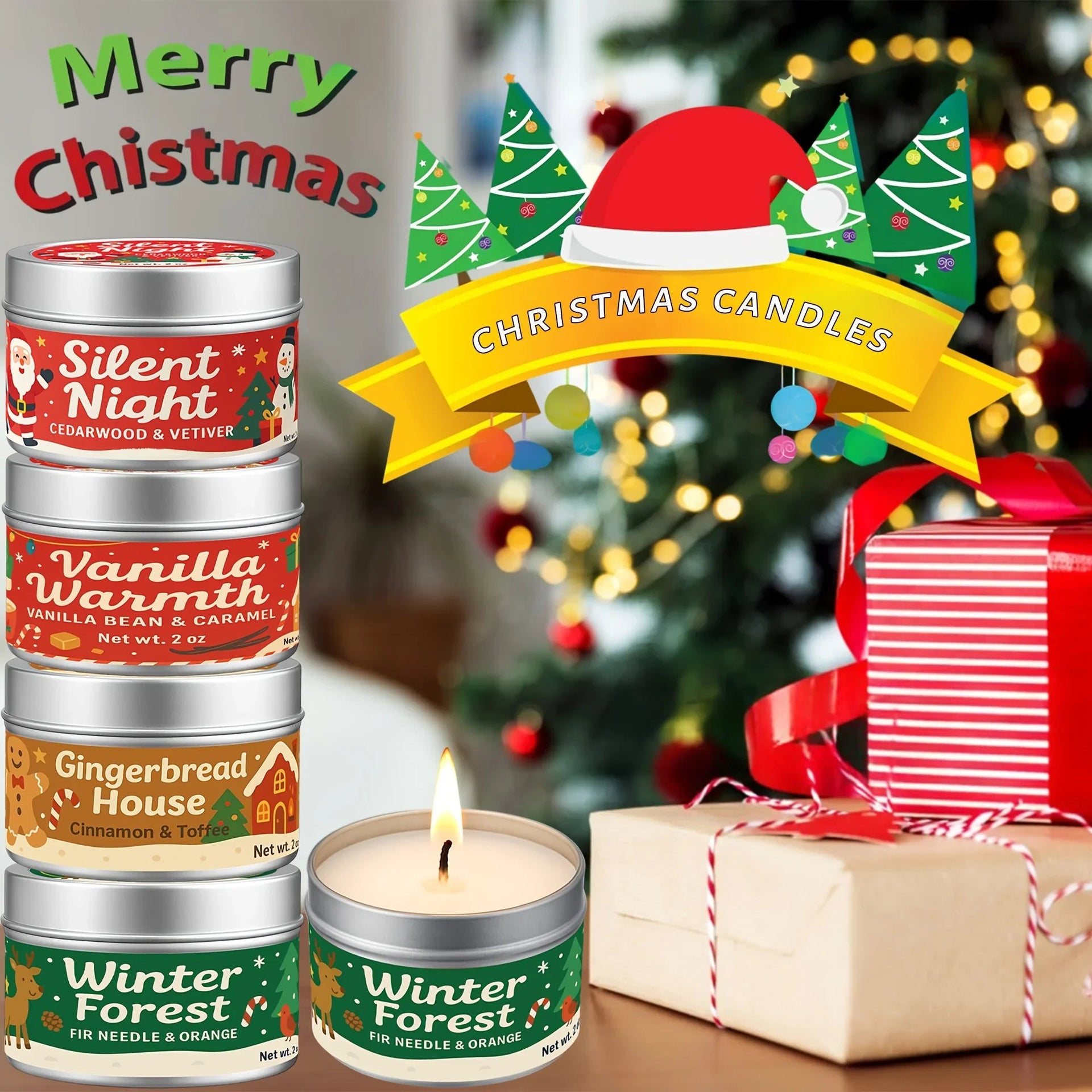 Wax Candle Set with 4 Christmas Scents and Gift Packaging