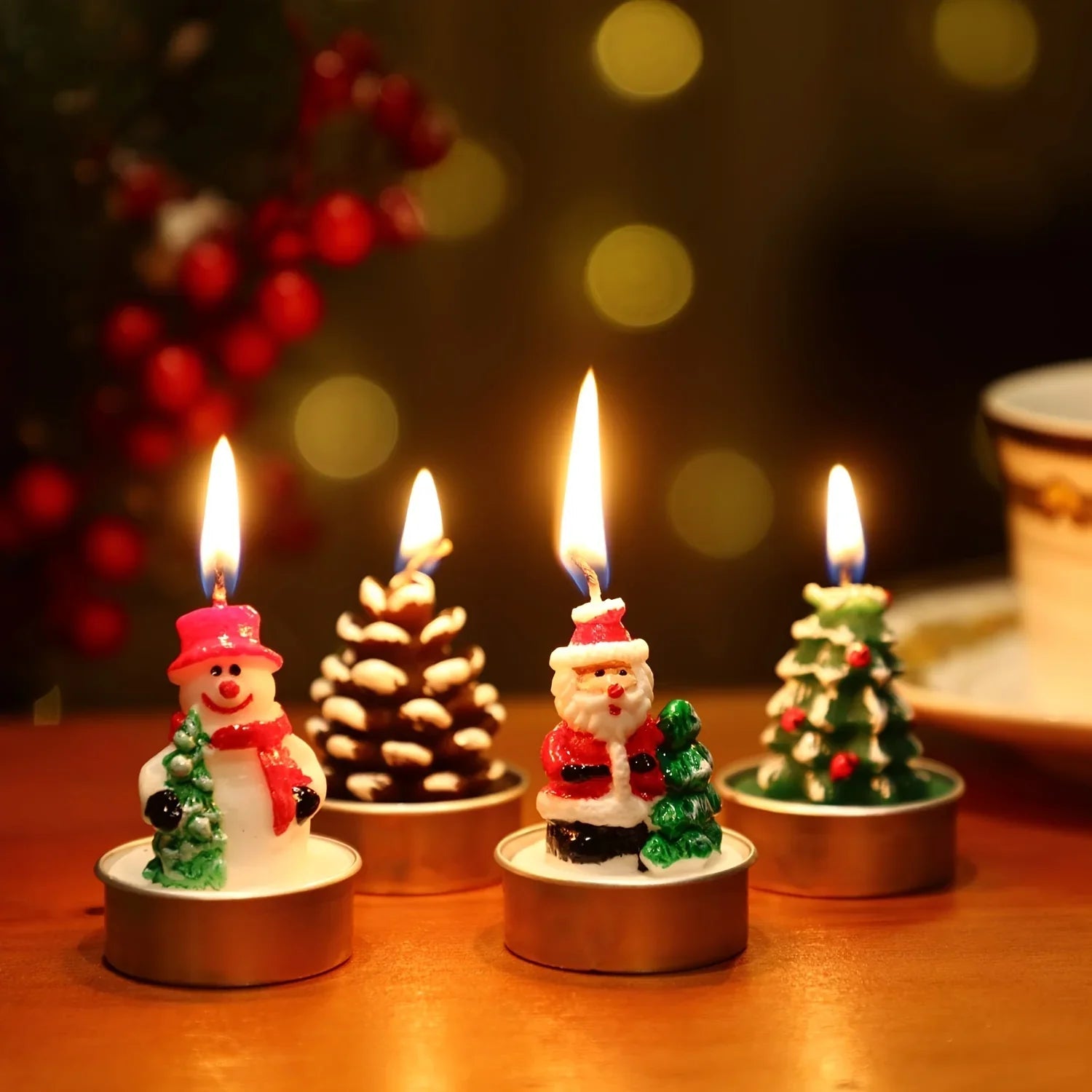 Wax Christmas Candles with Santa and Snowman Designs in Red and White