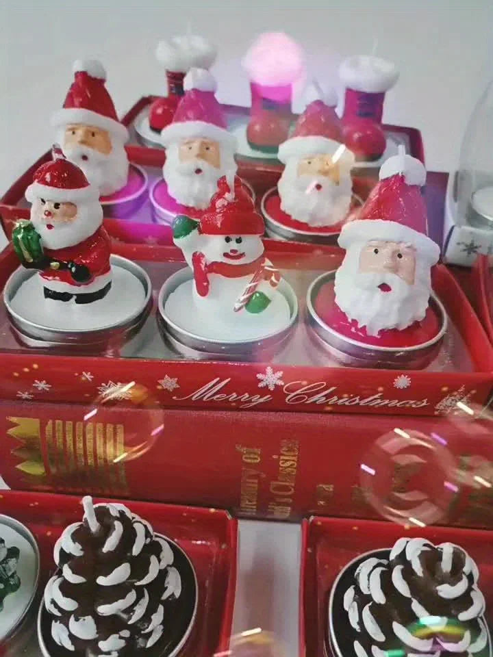 Wax Christmas Candles with Santa and Snowman Designs in Red and White
