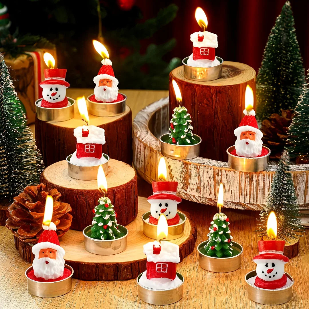 Wax Christmas Candles with Santa and Snowman Designs in Red and White
