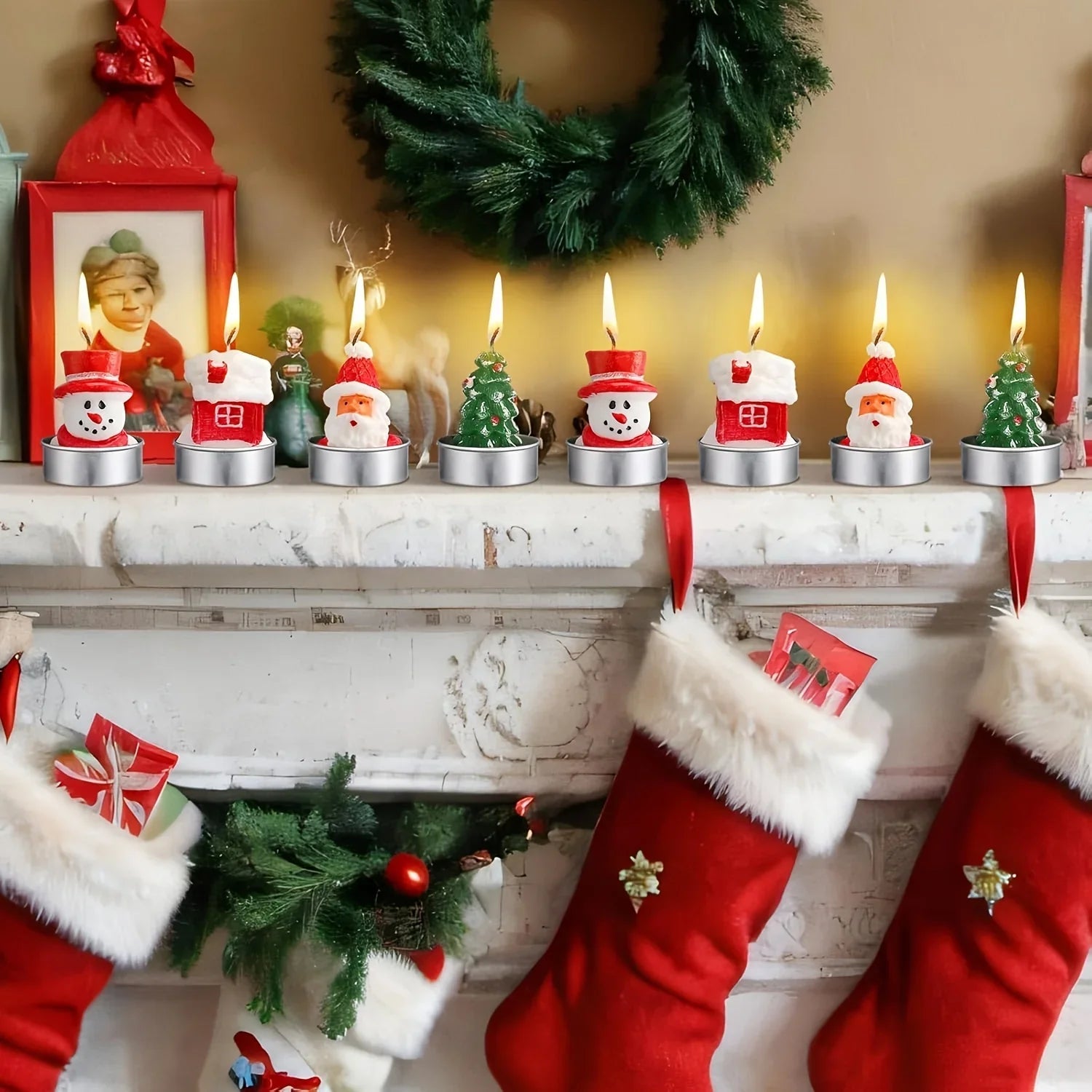 Wax Christmas Candles with Santa and Snowman Designs in Red and White