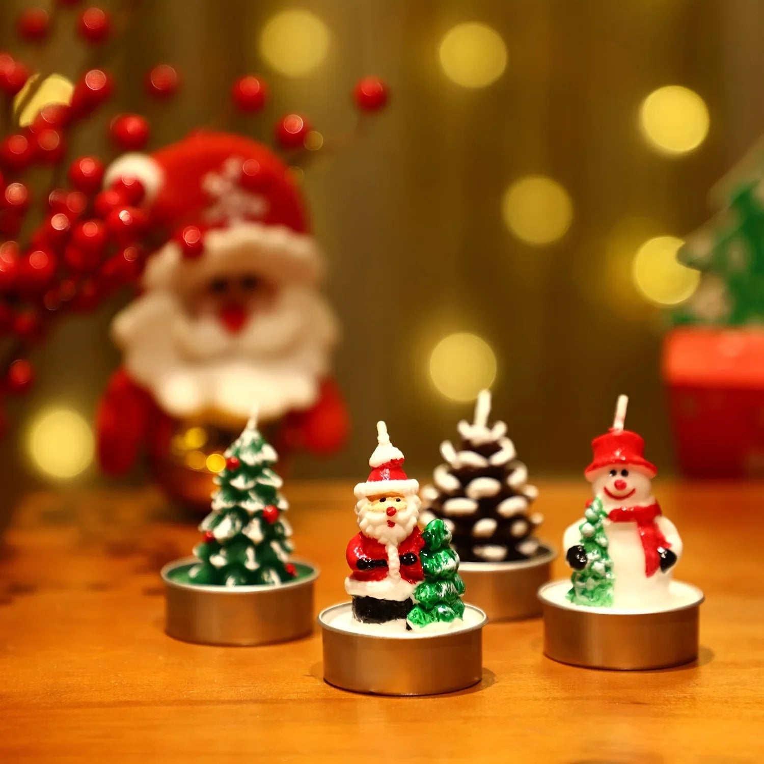 Wax Christmas Candles with Santa and Snowman Designs in Red and White