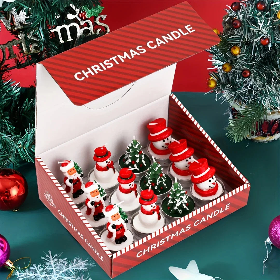 Wax Christmas Candles with Santa and Snowman Designs in Red and White