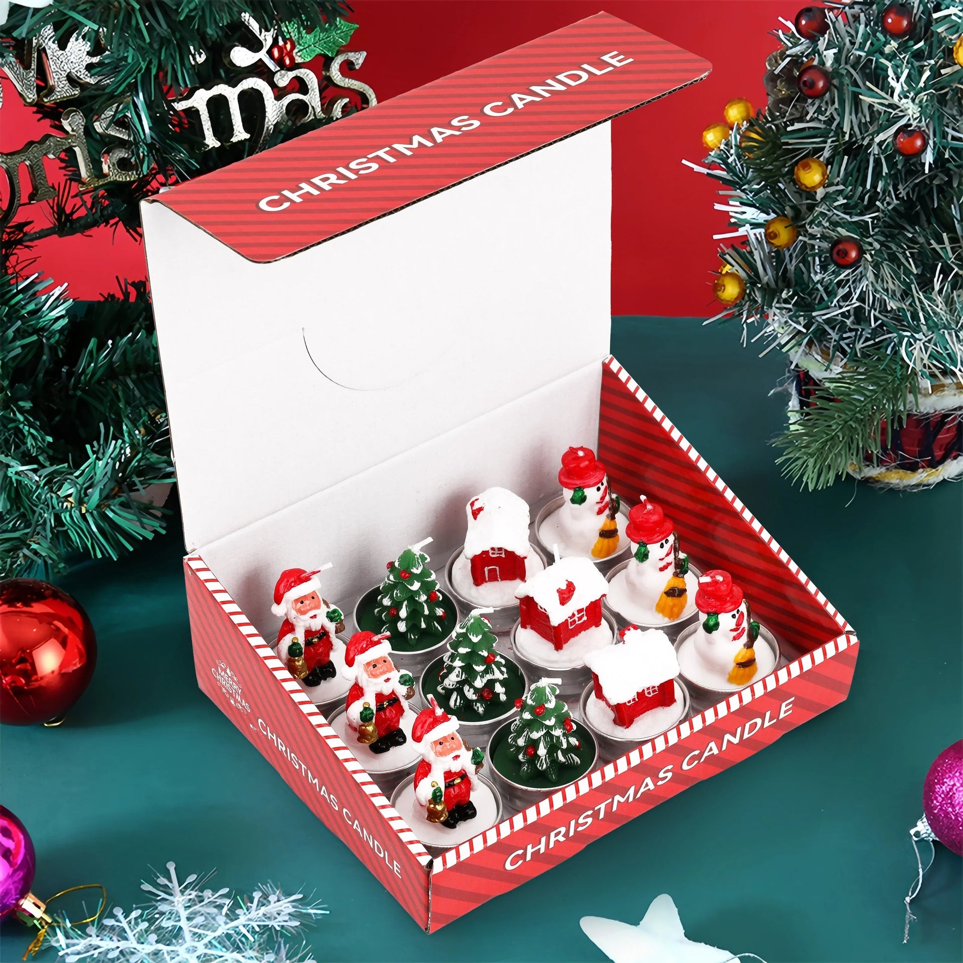 Wax Christmas Candles with Santa and Snowman Designs in Red and White