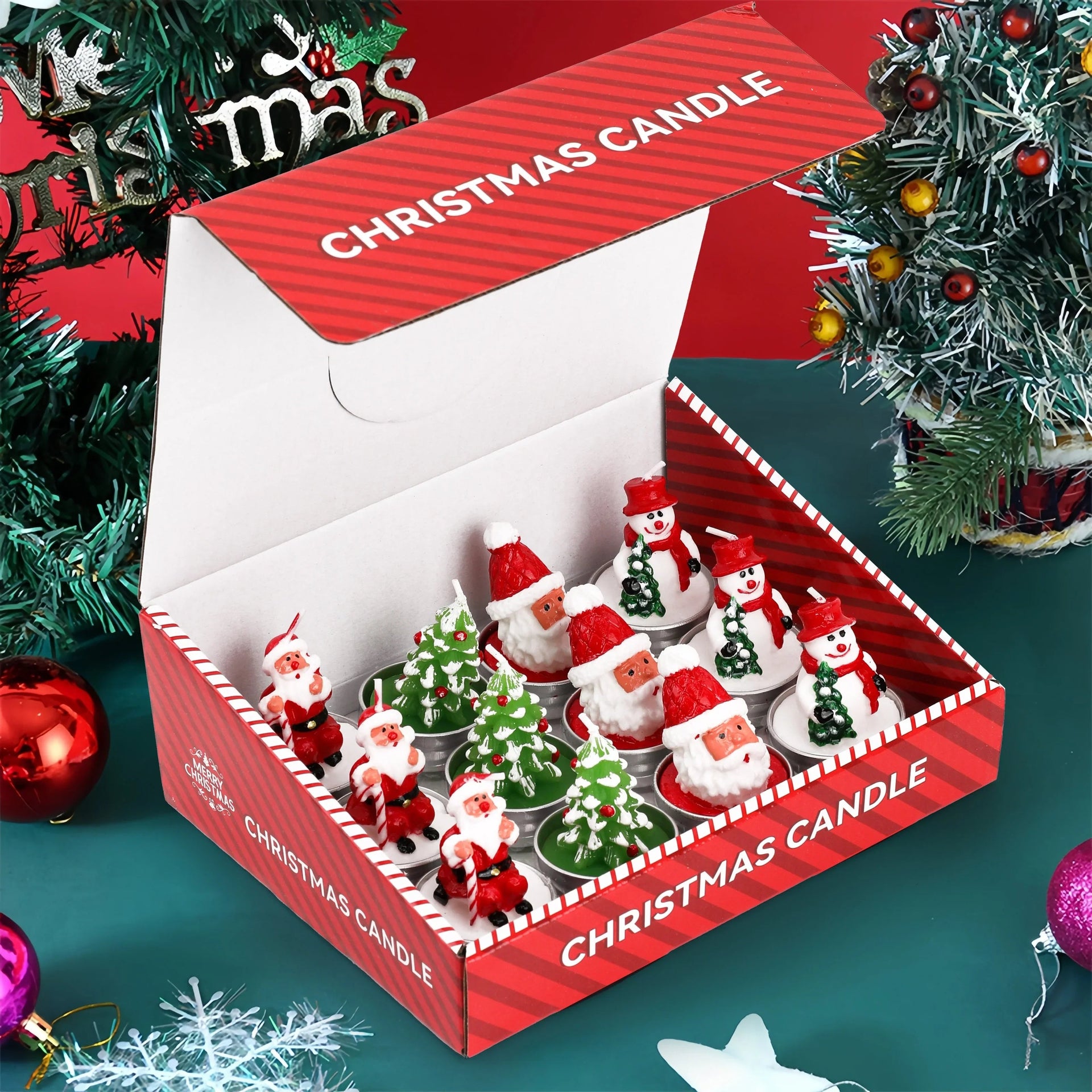 Wax Christmas Candles with Santa and Snowman Designs in Red and White