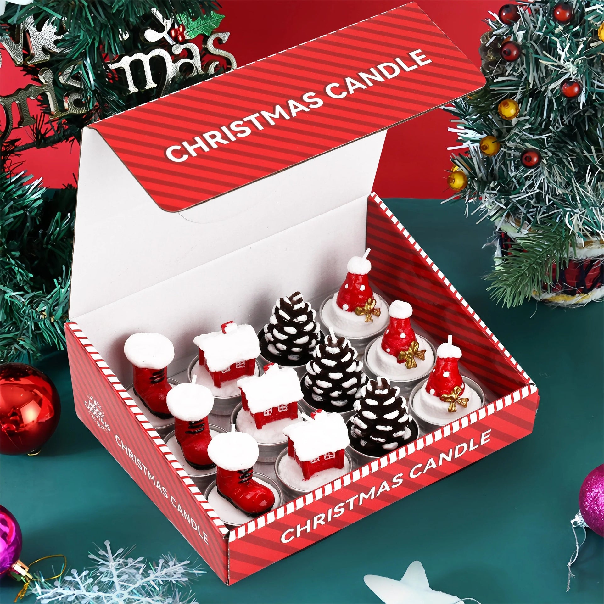 Wax Christmas Candles with Santa and Snowman Designs in Red and White