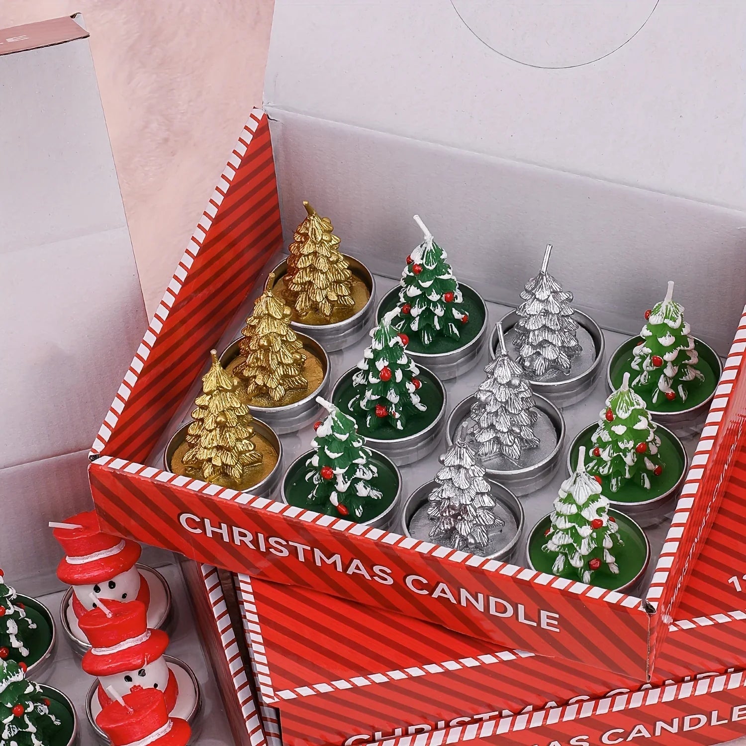 Wax Christmas Candles with Santa and Snowman Designs in Red and White