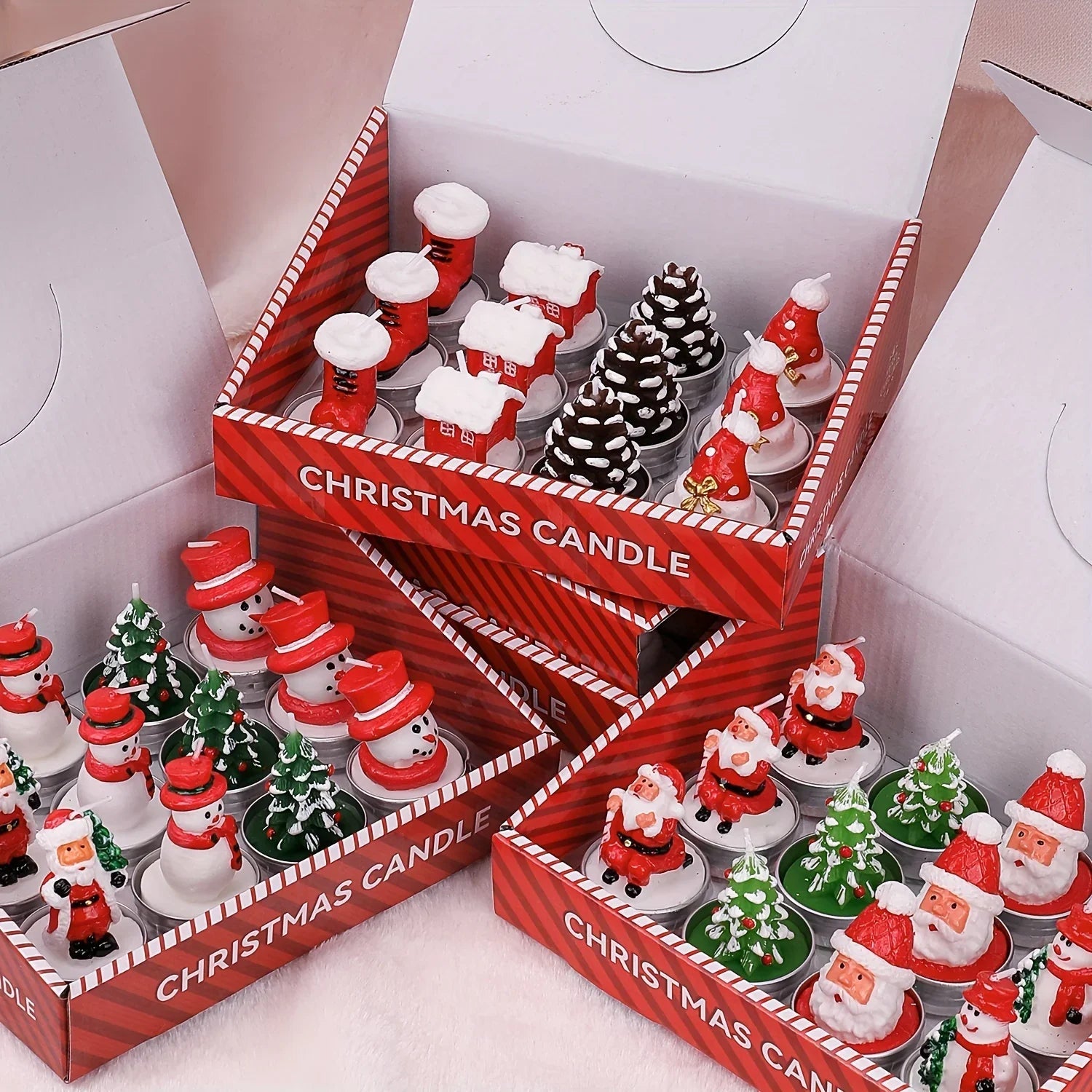 Wax Christmas Candles with Santa and Snowman Designs in Red and White