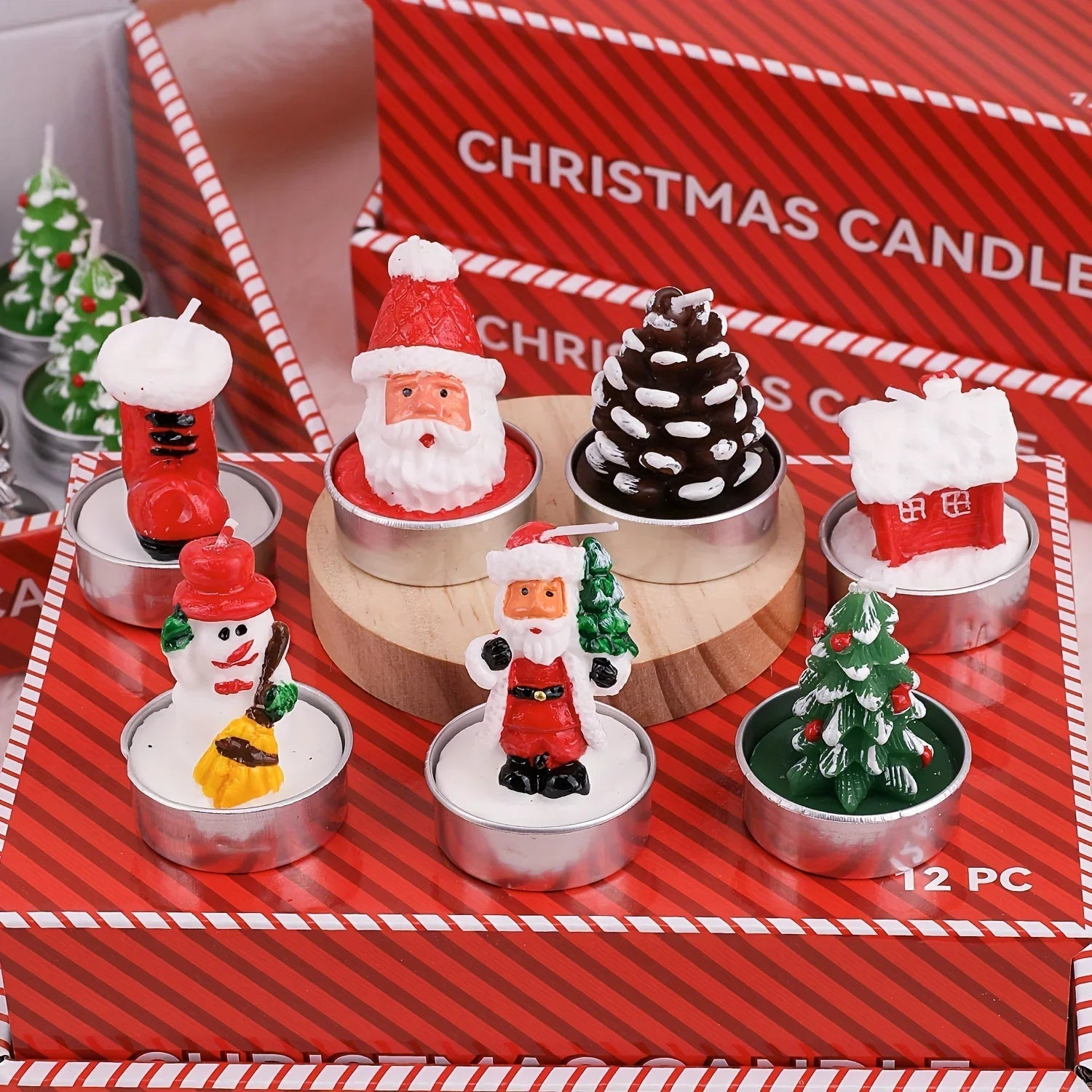 Wax Christmas Candles with Santa and Snowman Designs in Red and White