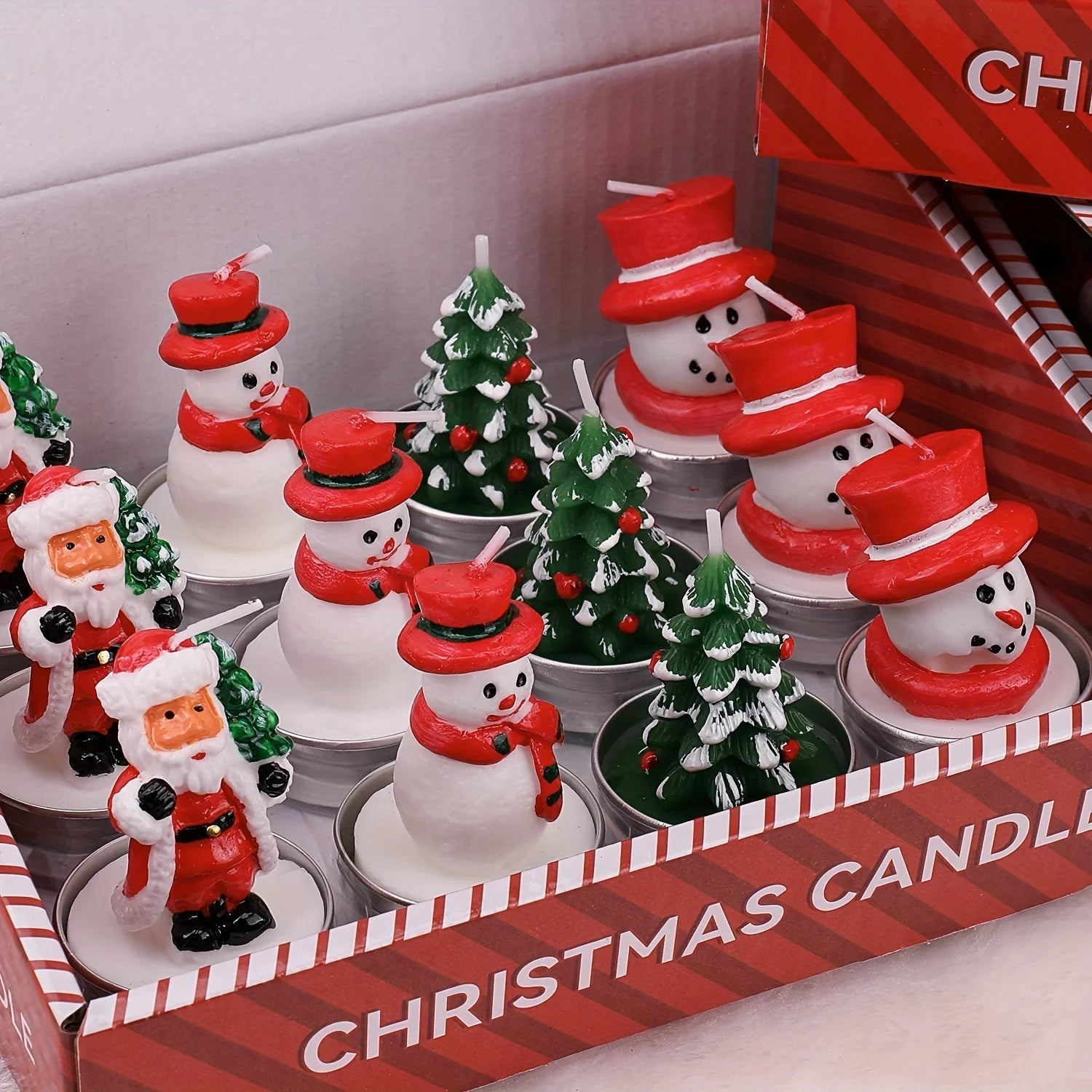 Wax Christmas Candles with Santa and Snowman Designs in Red and White