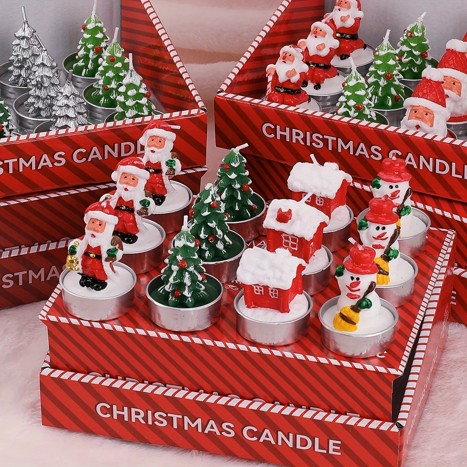 Wax Christmas Candles with Santa and Snowman Designs in Red and White