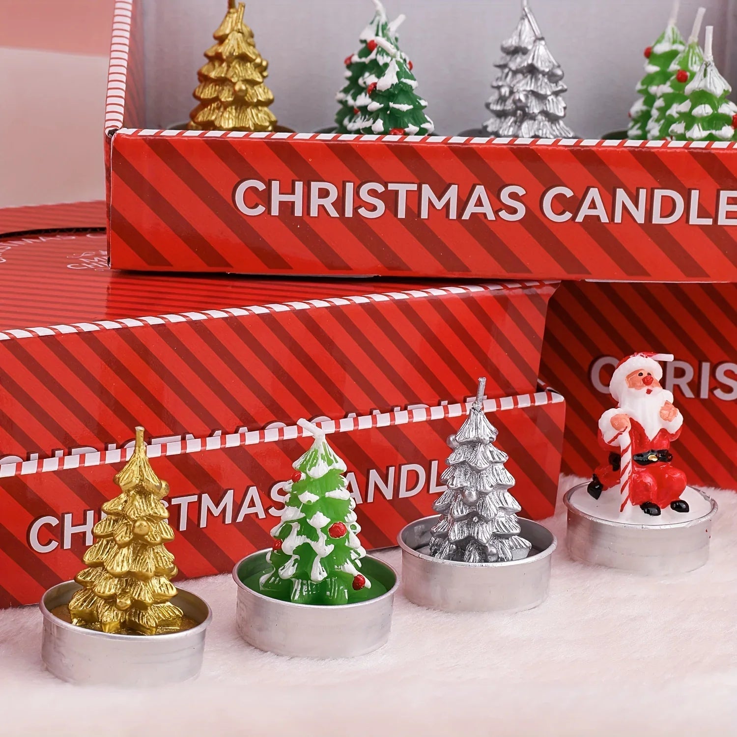 Wax Christmas Candles with Santa and Snowman Designs in Red and White